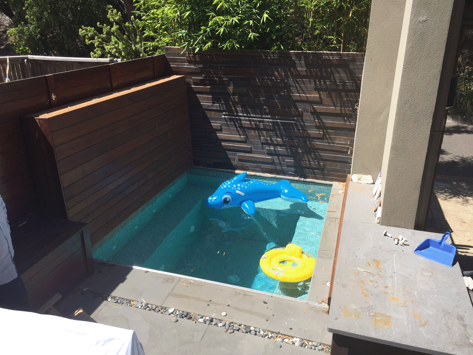 Plunge pool fully revealed by hidden automated cover system in Sydney backyard